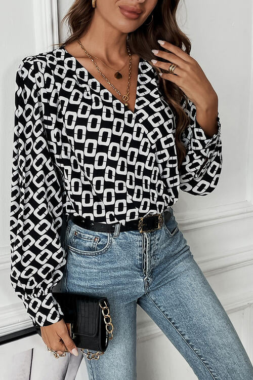 Bianca Geometric V-Neck Long Sleeve Blouse