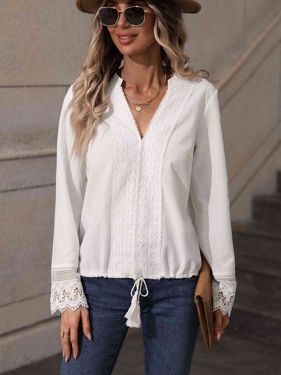 Victoria V-Neck Long Sleeve Lace Trim Blouse