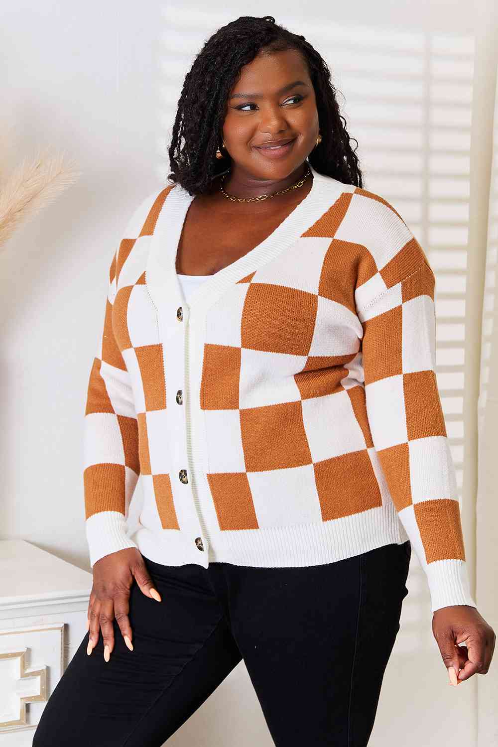 Checkered Button-Up V-Neck Cardigan