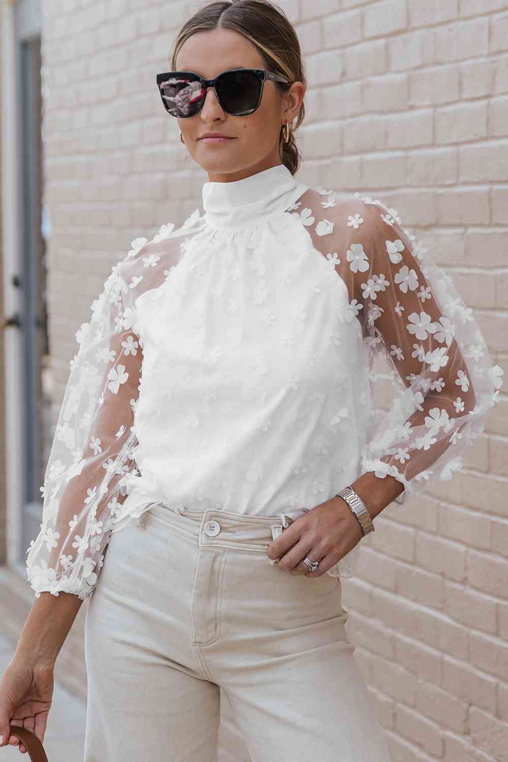 Haven Mock Neck Long Sleeve Applique Blouse