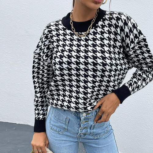 Kara Houndstooth Round Neck Sweater