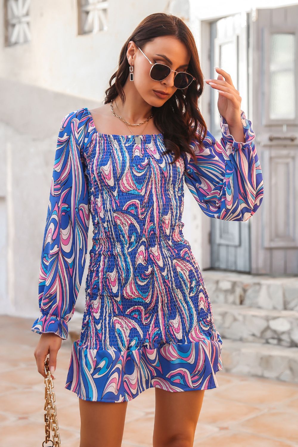 Abstract Smocked Mini Dress
