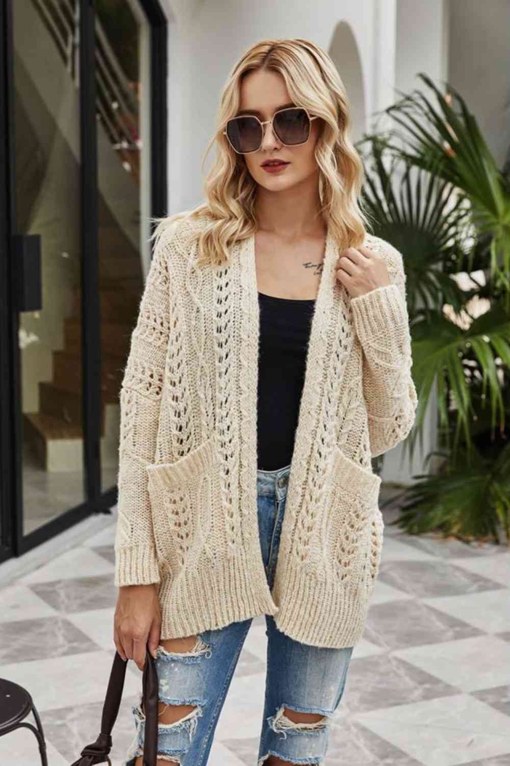 Mya Ribbed Trim Openwork Open Front Cardigan