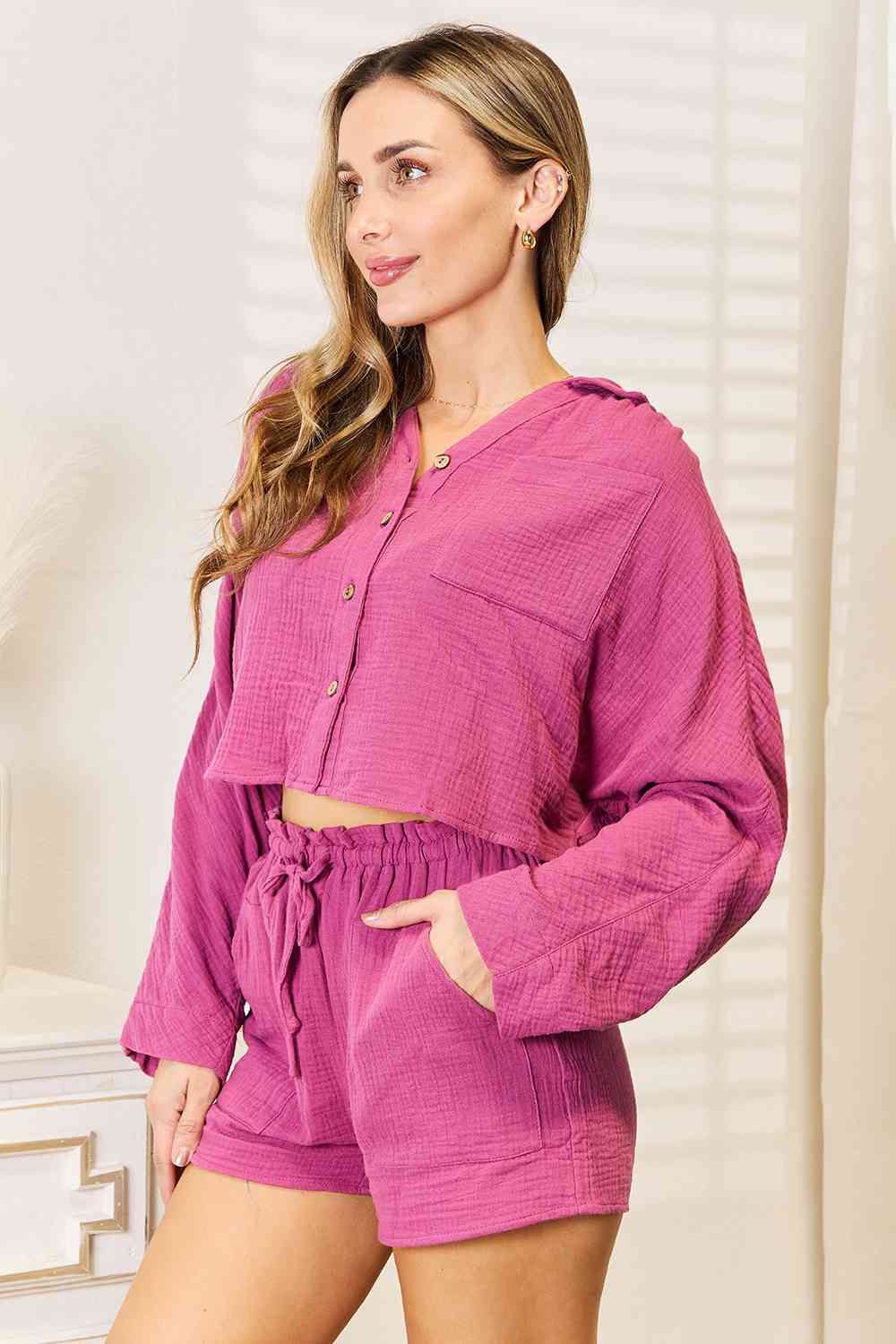 Irene Buttoned Long Sleeve Top and Shorts Set
