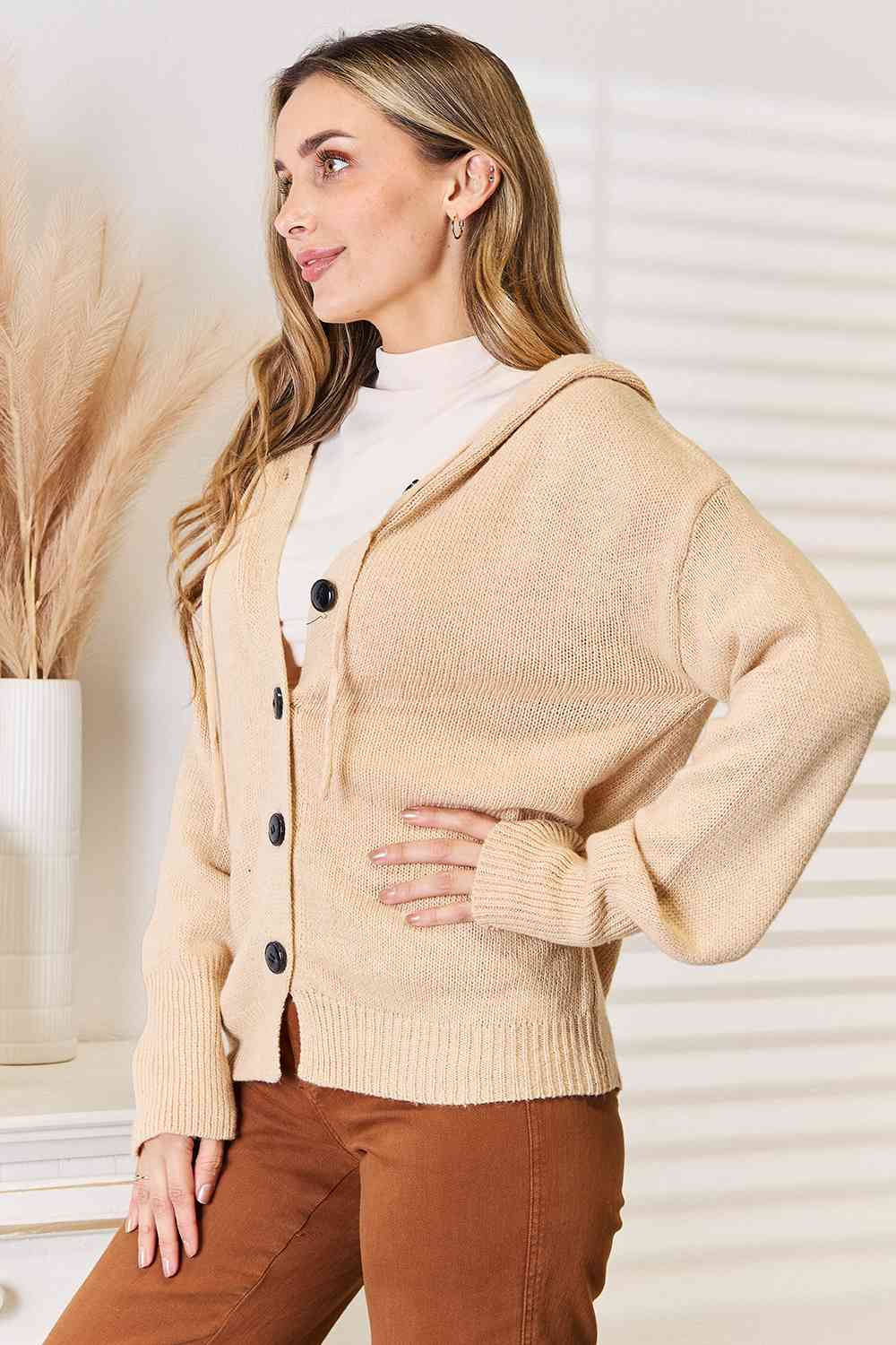Gloria Button-Down Long Sleeve Hooded Cardigan