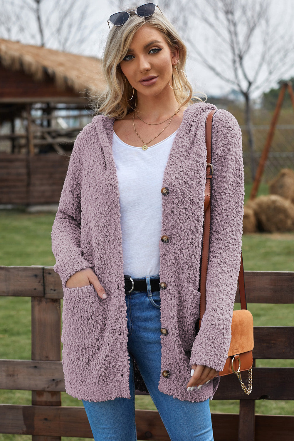 Marsa Popcorn-Knit Hooded Cardigan