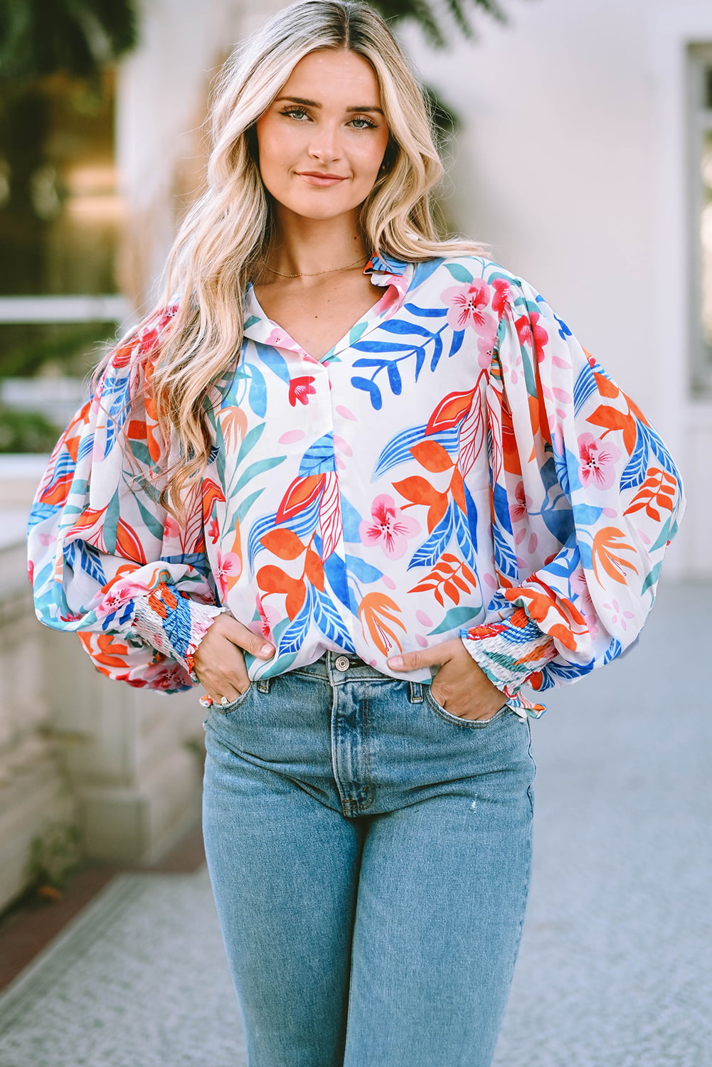 Chic Bouquet Lantern Sleeve Blouse