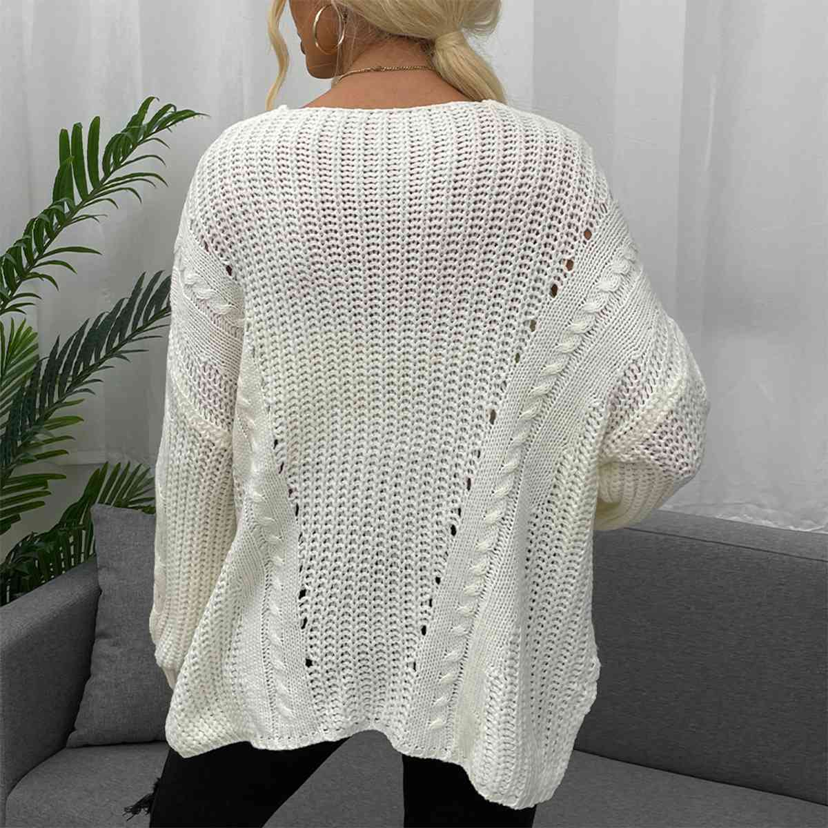 Laila Openwork V-Neck Long Sleeve Sweater