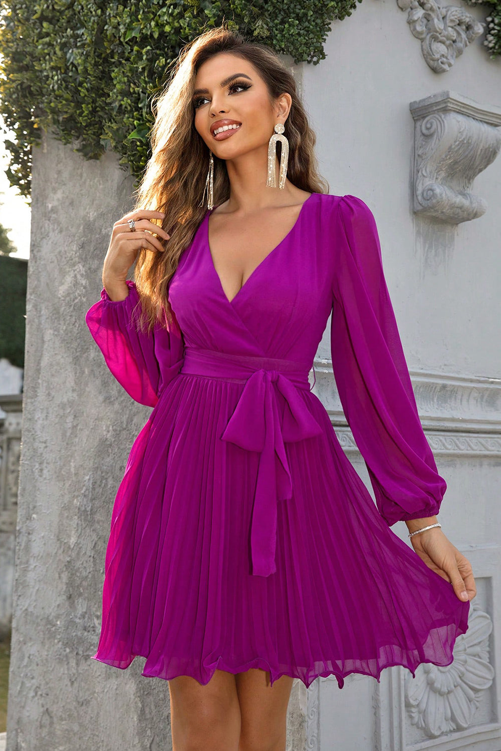 Leia Tied Surplice Neck Pleated Dress