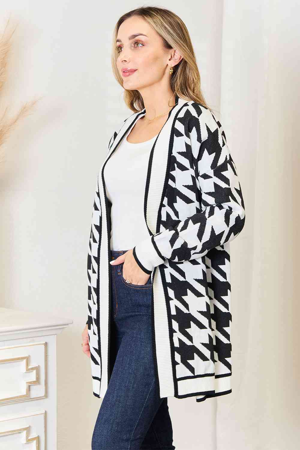 Morgan Houndstooth Open Front Longline Cardigan