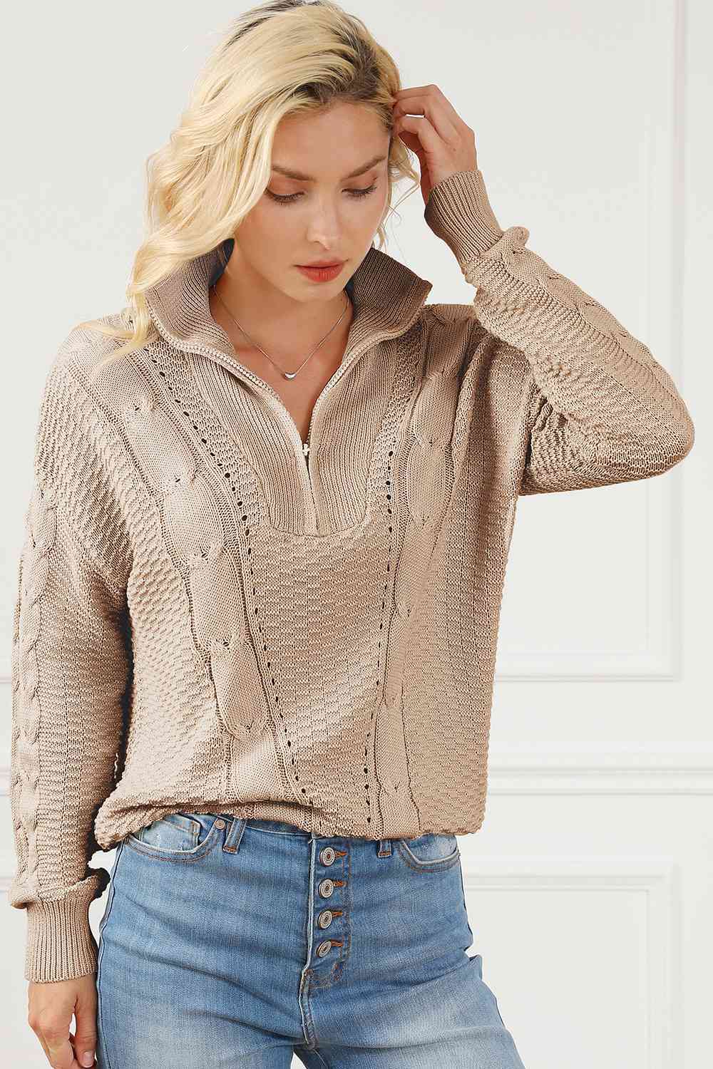 Della Cable-Knit Half Zip Long Sleeve Sweater