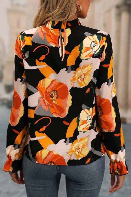 Catalina Floral Mock Neck Flounce Sleeve Blouse