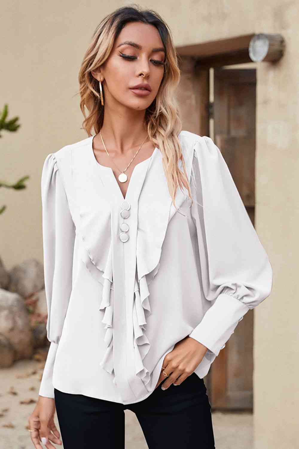 Raya Lantern Sleeve Ruffle Trim Blouse
