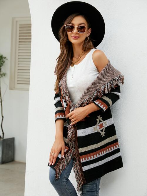 Maeve Fringe Geometric Hooded Long Sleeve Cardigan