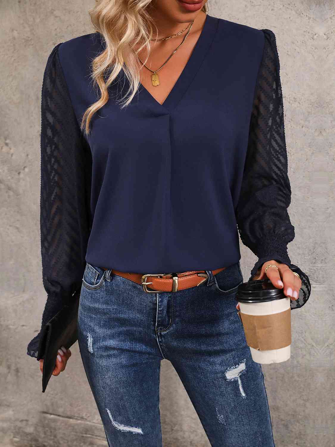 Catalina V-Neck Mesh Sleeve Top
