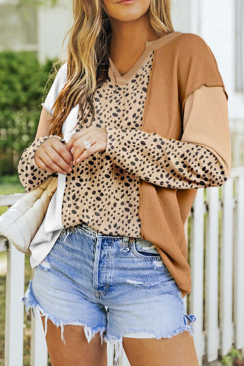 Alina Color Block Leopard Notched Blouse