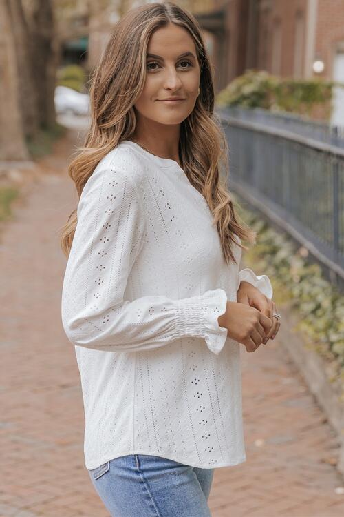 Sylvie Openwork Notched Flounce Sleeve Blouse