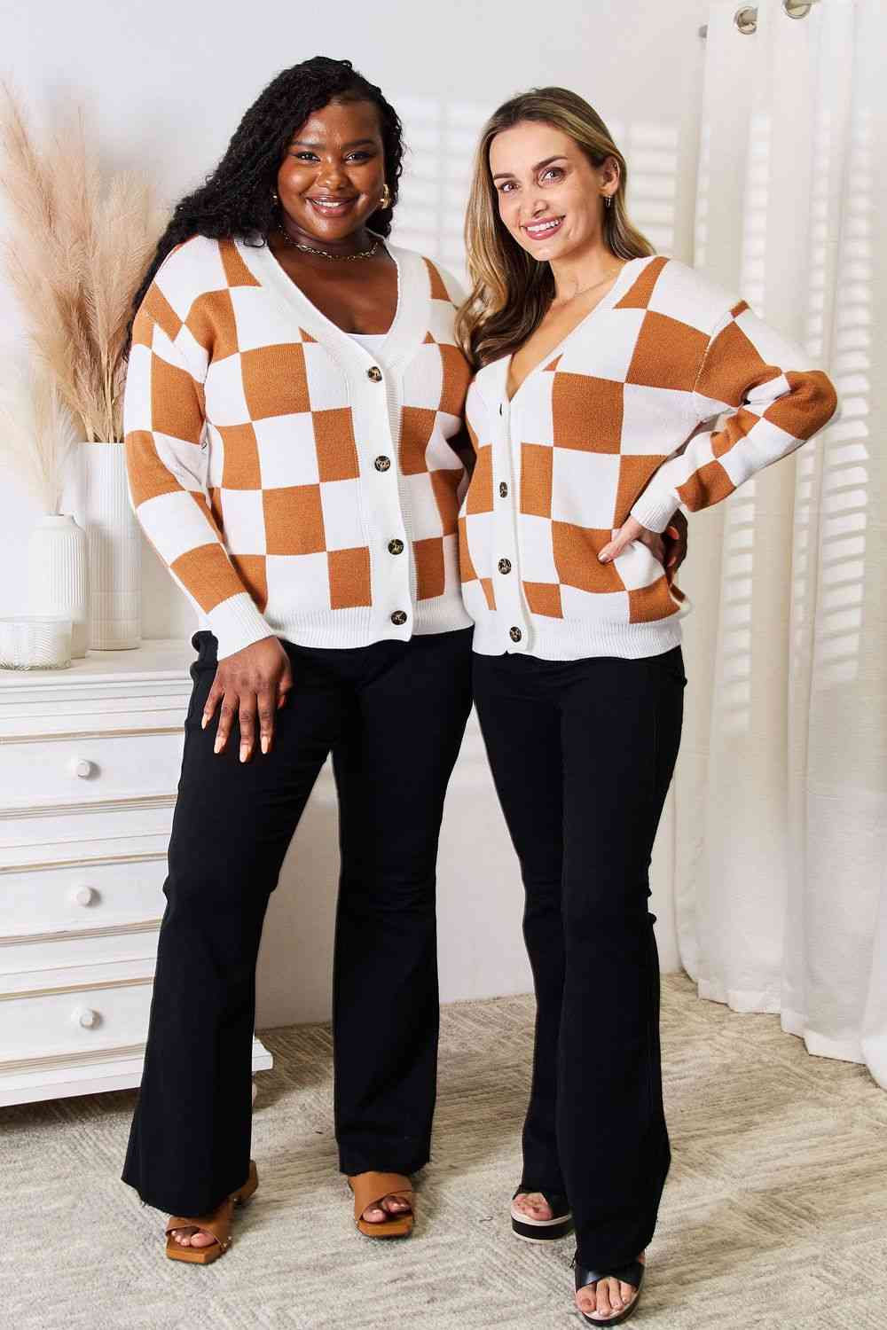 Checkered Button-Up V-Neck Cardigan
