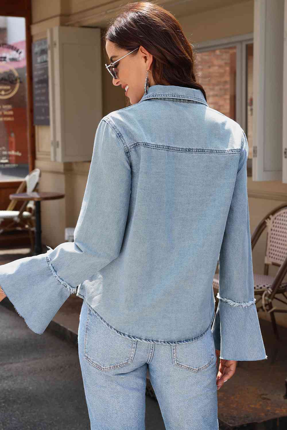 Tessa Button Front Flare Sleeve Denim Top