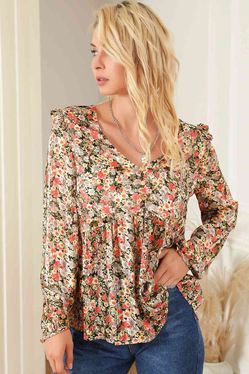Savina Floral V-Neck Babydoll Blouse