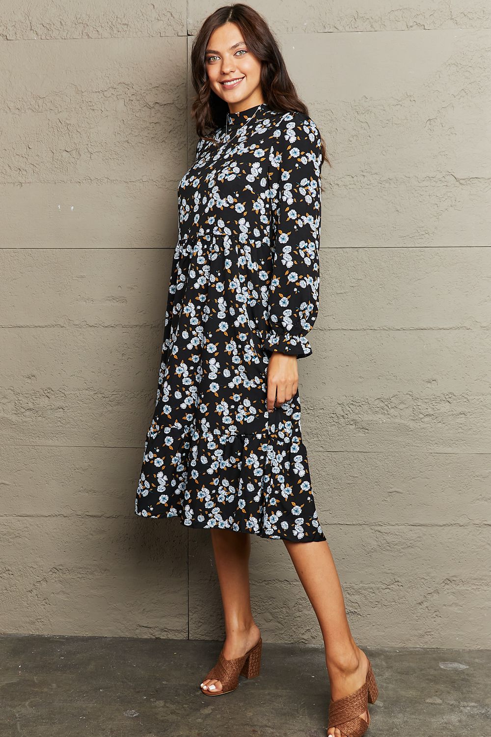 Jordie Floral Flounce Sleeve Midi Dress