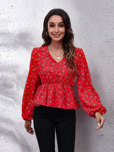 Lovely Floral Balloon Sleeve Peplum Blouse