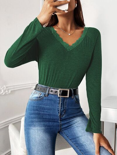 Lucky Lace Detail V-Neck Long Sleeve Top