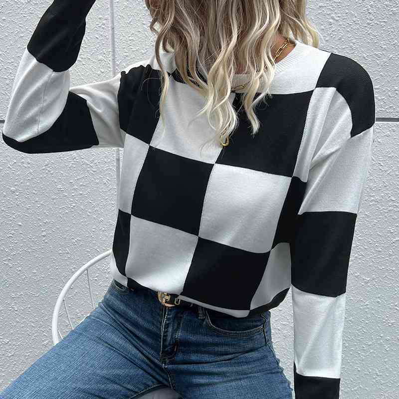 Mind Games Checkered Knit Pullover