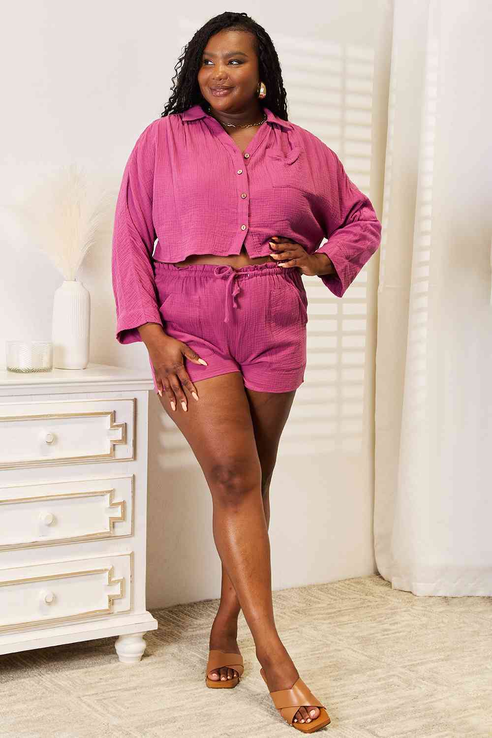Irene Buttoned Long Sleeve Top and Shorts Set