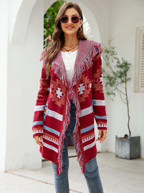 Maeve Fringe Geometric Hooded Long Sleeve Cardigan