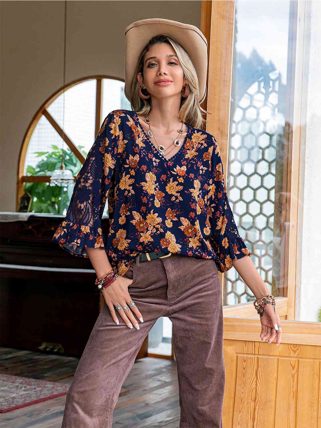 Elsie Floral V-Neck Crochet Blouse