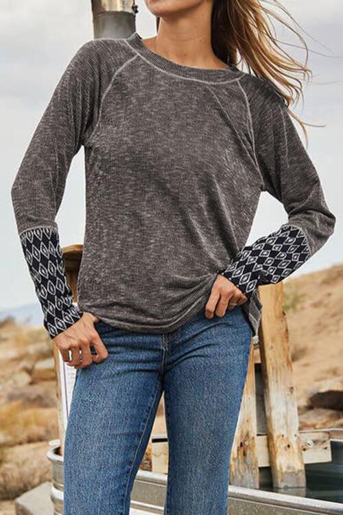 Ariah Geometric Round Neck Long Sleeve Top