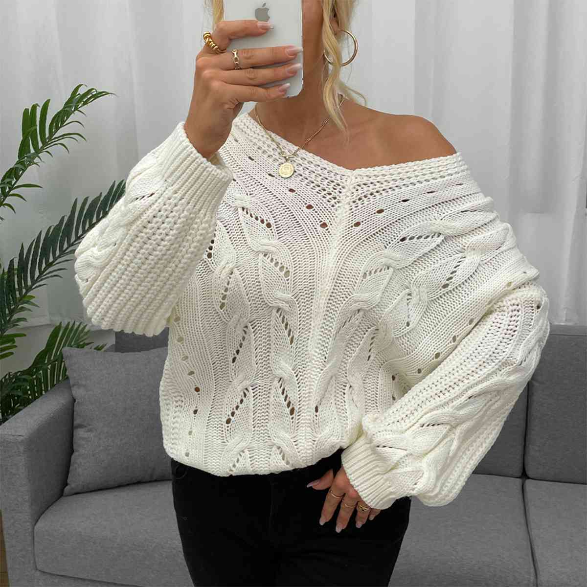 Laila Openwork V-Neck Long Sleeve Sweater