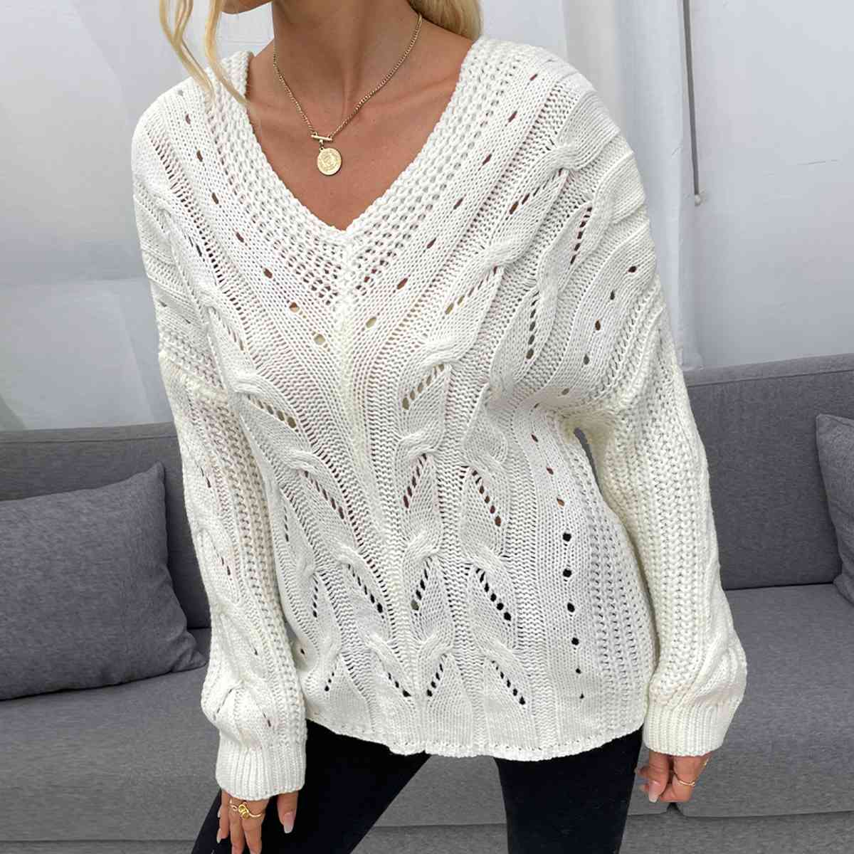 Laila Openwork V-Neck Long Sleeve Sweater