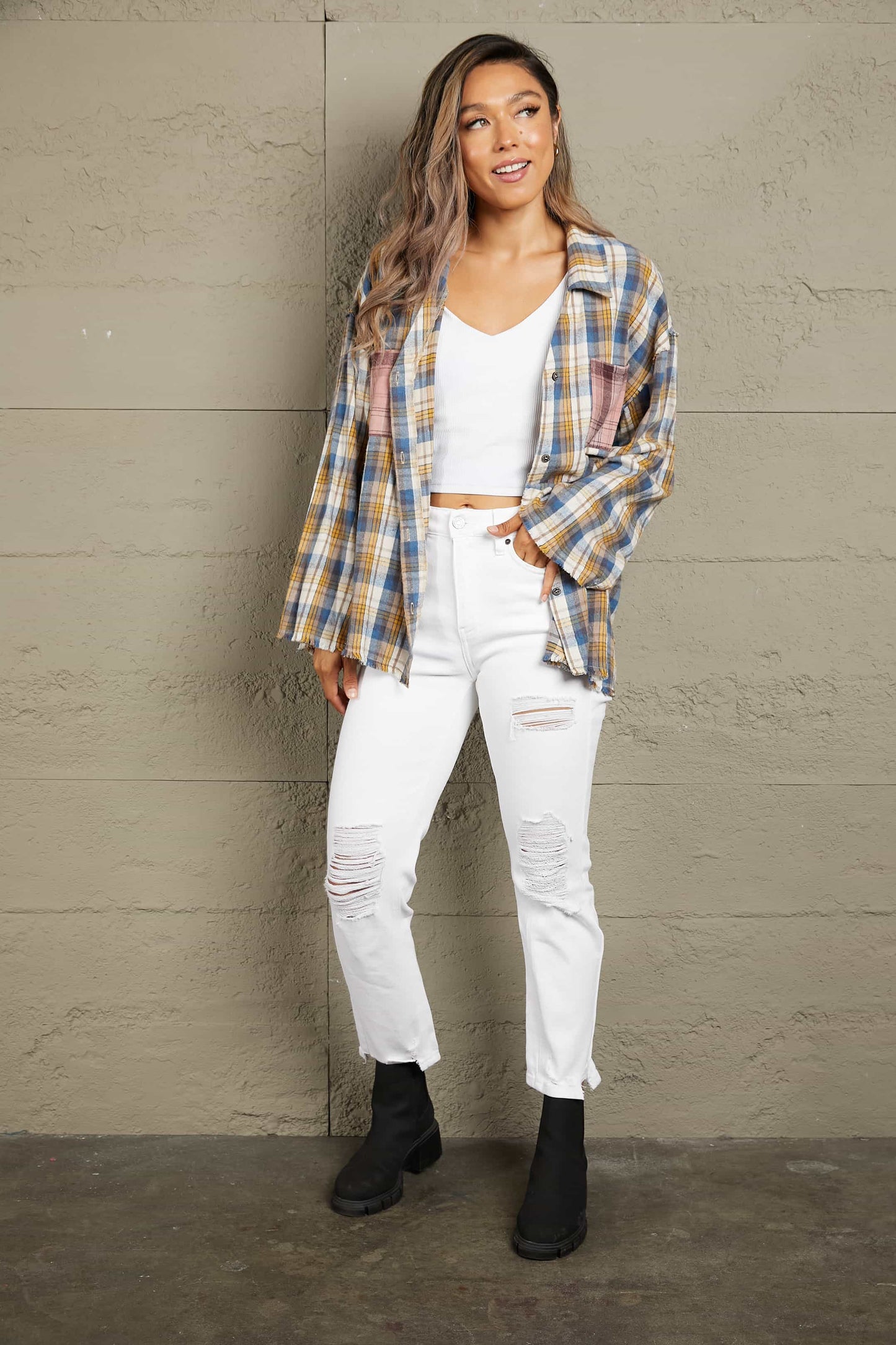 Outdoor Play Plaid Raw Hem Blouse