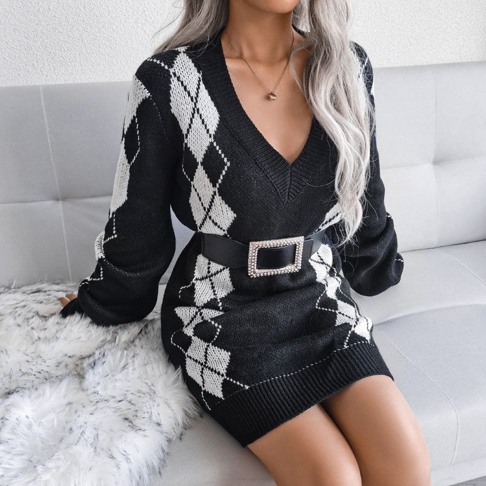 Argyle V-Neck Sweater Dress
