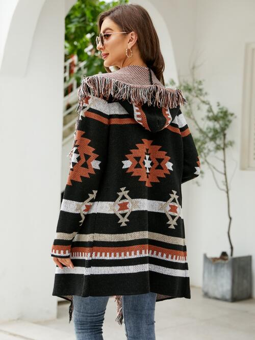 Maeve Fringe Geometric Hooded Long Sleeve Cardigan