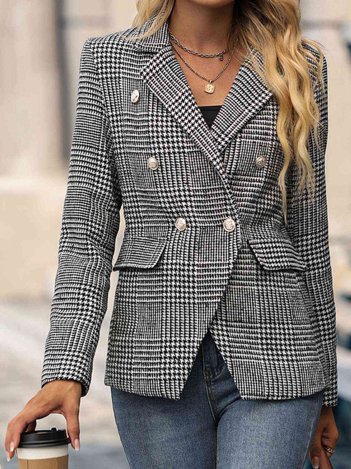 Office Ready Houndstooth Buttoned Blazer