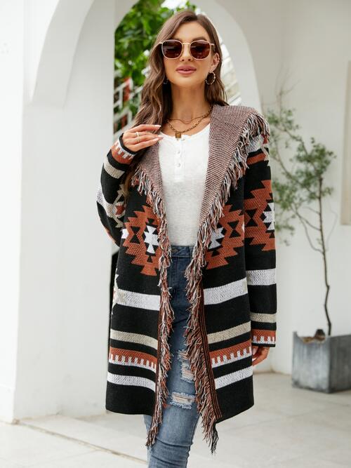 Maeve Fringe Geometric Hooded Long Sleeve Cardigan