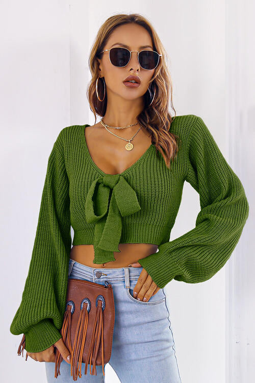 Serena Bow V-Neck Cropped Sweater