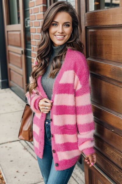 Melanie Striped Button Up Fuzzy Cardigan