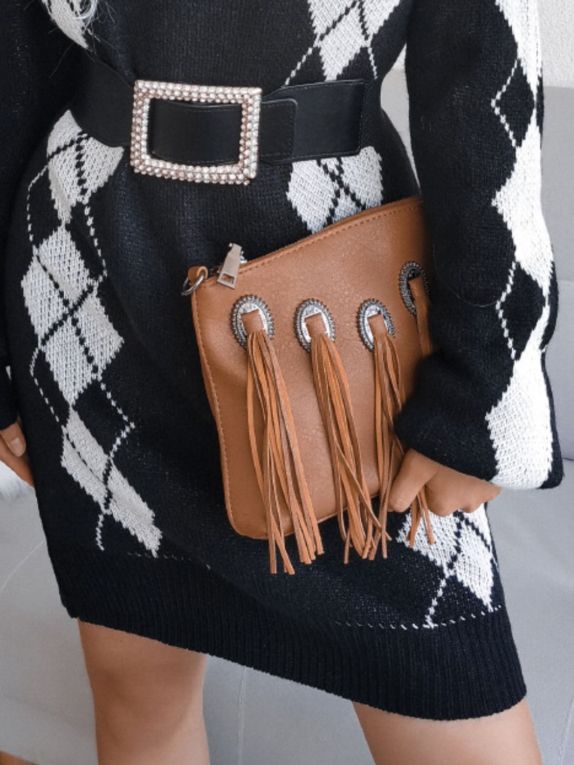 Argyle V-Neck Sweater Dress