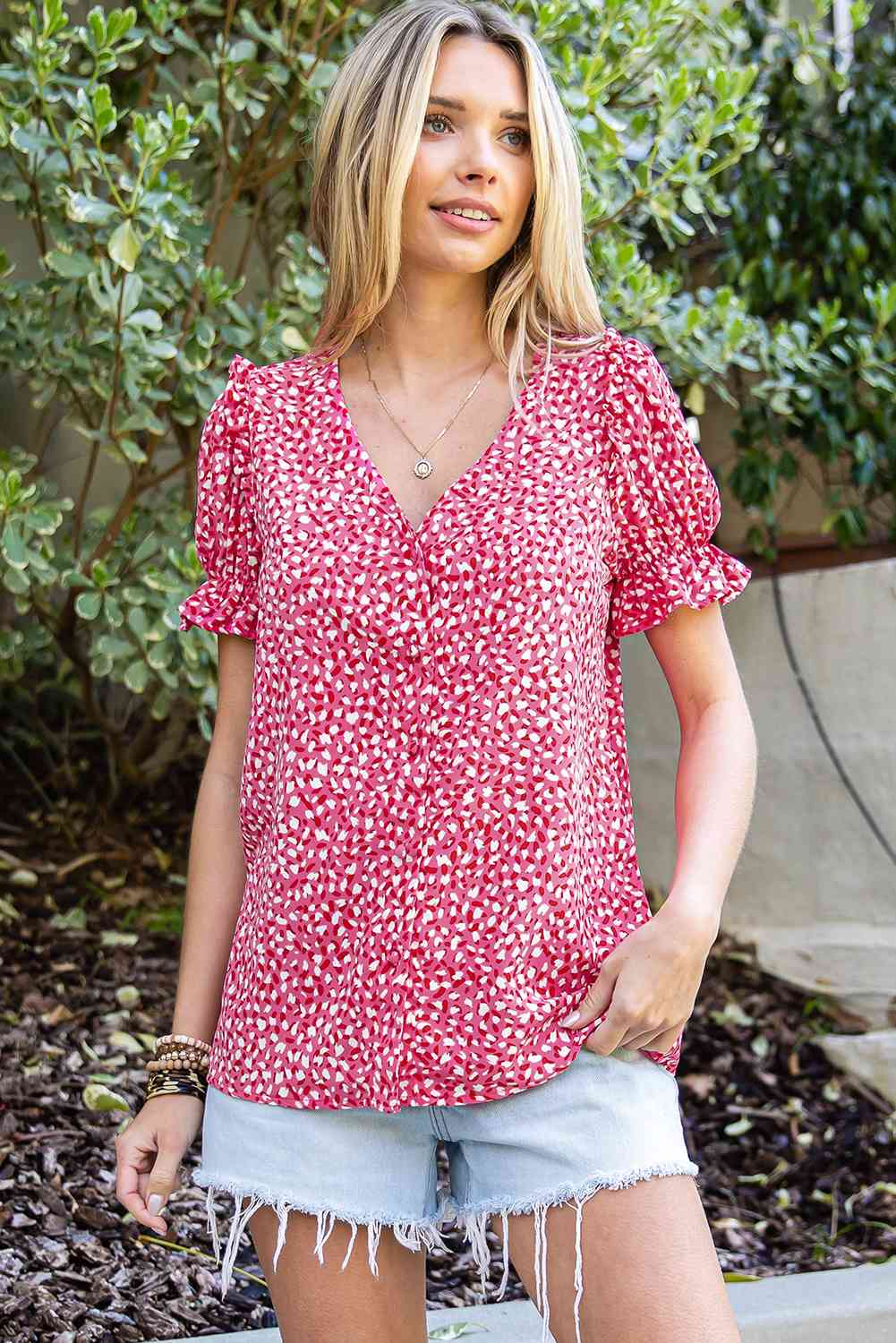 Ashley Flounce Sleeve Plunge Blouse