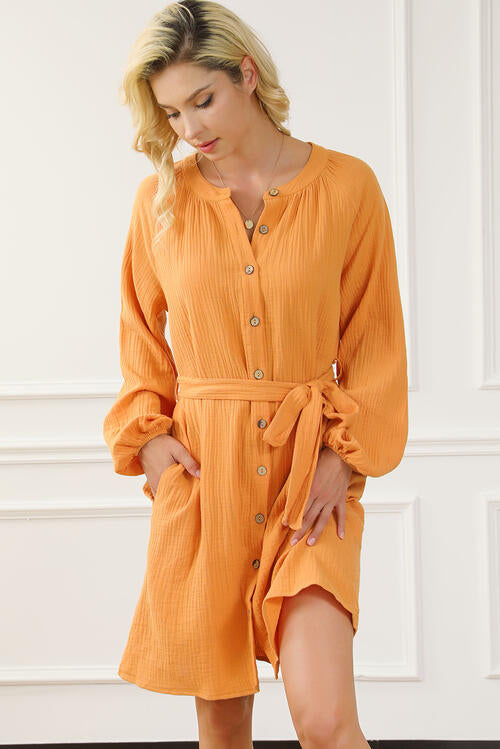 Lucia Tied Button Front Balloon Sleeve Dress