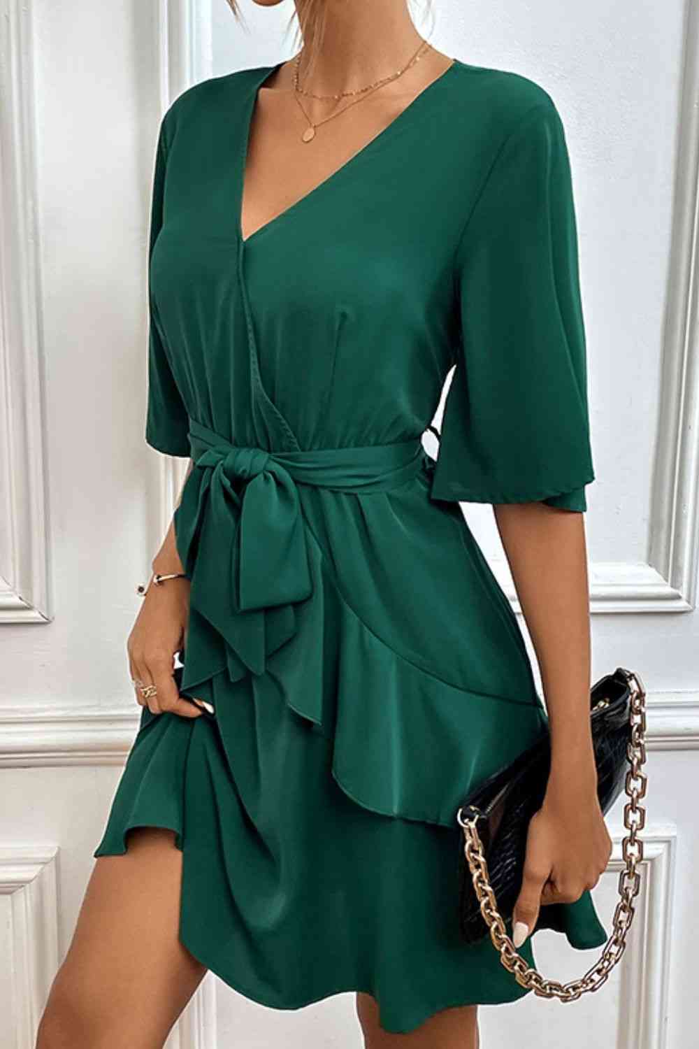 Ellis Tie Belt Surplice Neck Ruffled Dress