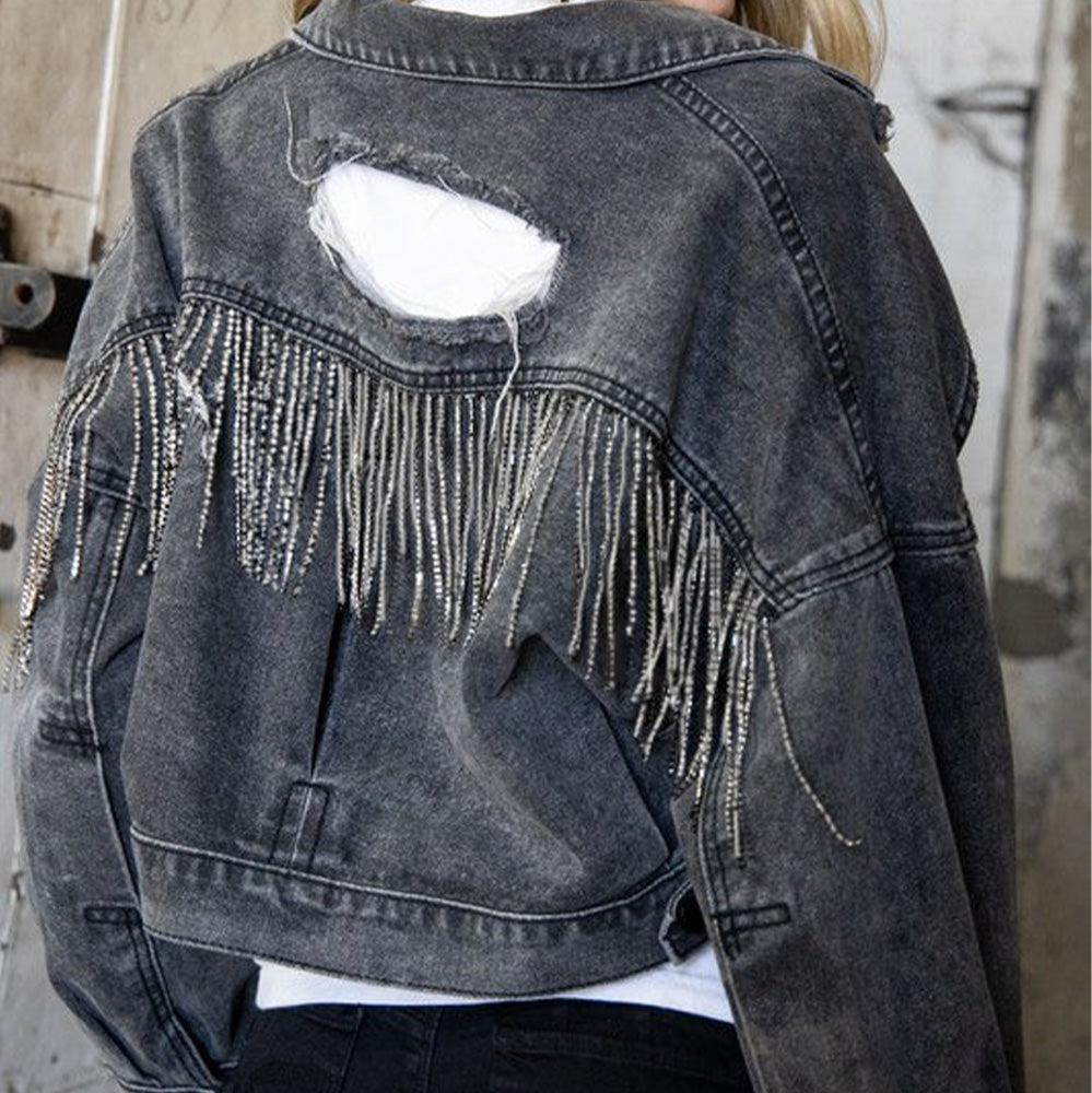 Howdy Y'All Distressed Fringe Denim Jacket