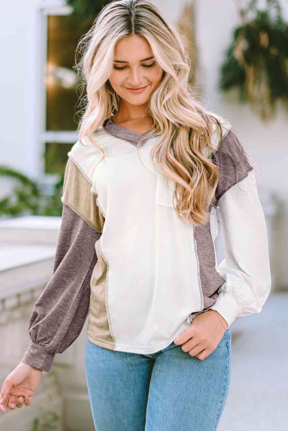 Thea Color Block Exposed Seam Blouse