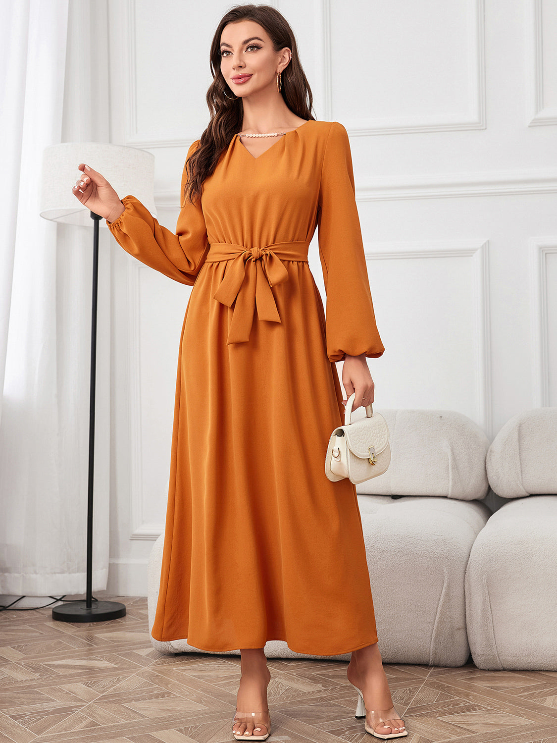 Pumpkin Spice Tie Waist Maxi Dress