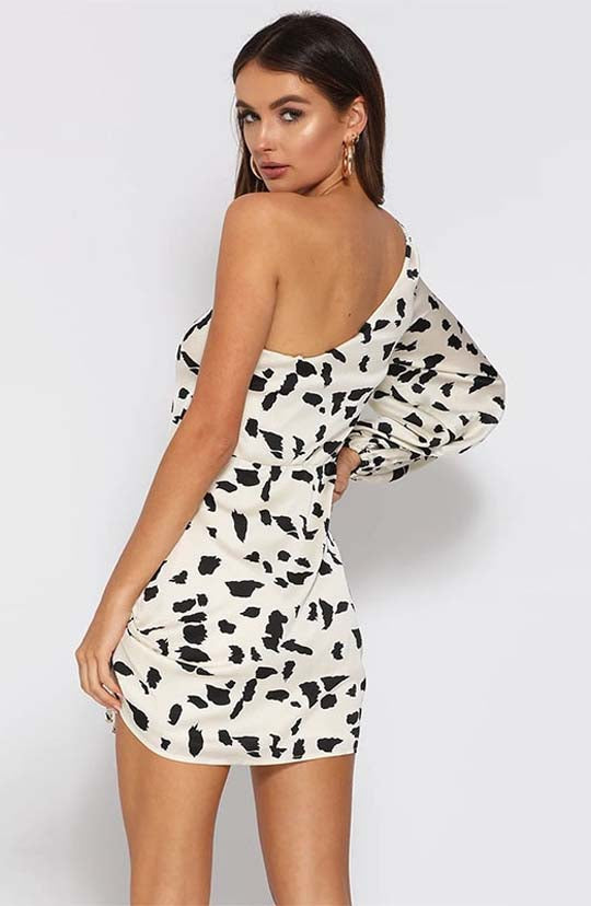 Cuddle Me One Shoulder Dalmatian White Mini Dress