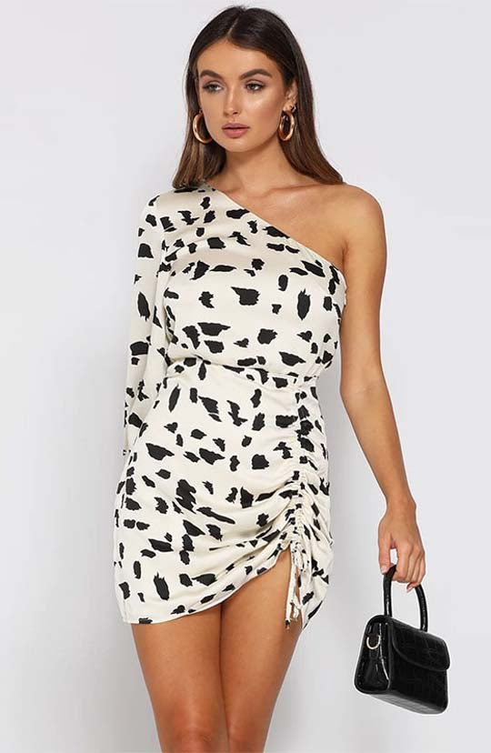 Cuddle Me One Shoulder Dalmatian White Mini Dress
